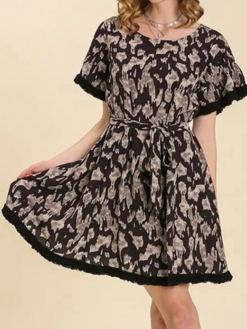 New Print Frayed Hem Detail Dress Tie Waist